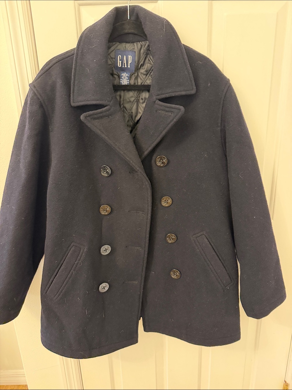 GAP Mens Double-Breasted Peacoat in Black.